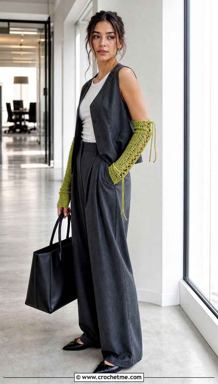 Lace Up Crochet Arm Warmers With Vest And Tailored Trousers - 25 Easy Crochet Arm Warmers outfit ideas