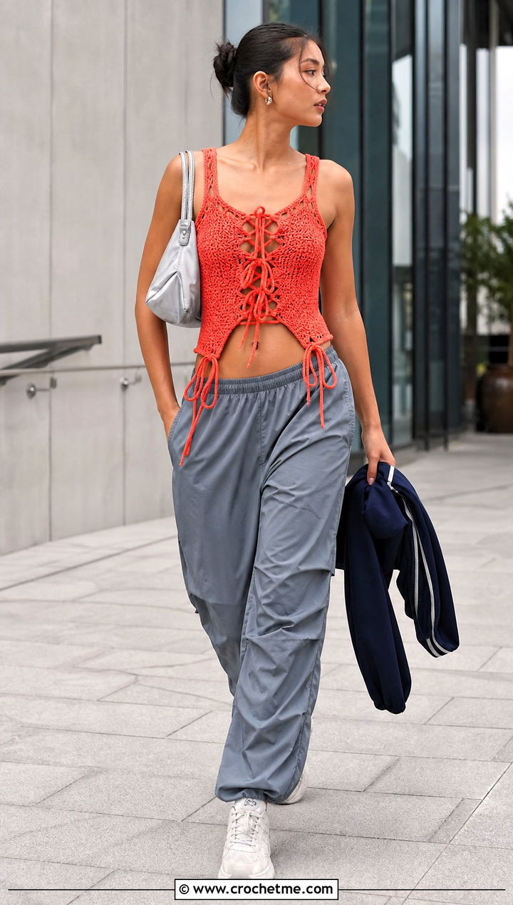 Lace Up Crochet Army Tank With Parachute Pants - 30 crochet army tank outfit ideas