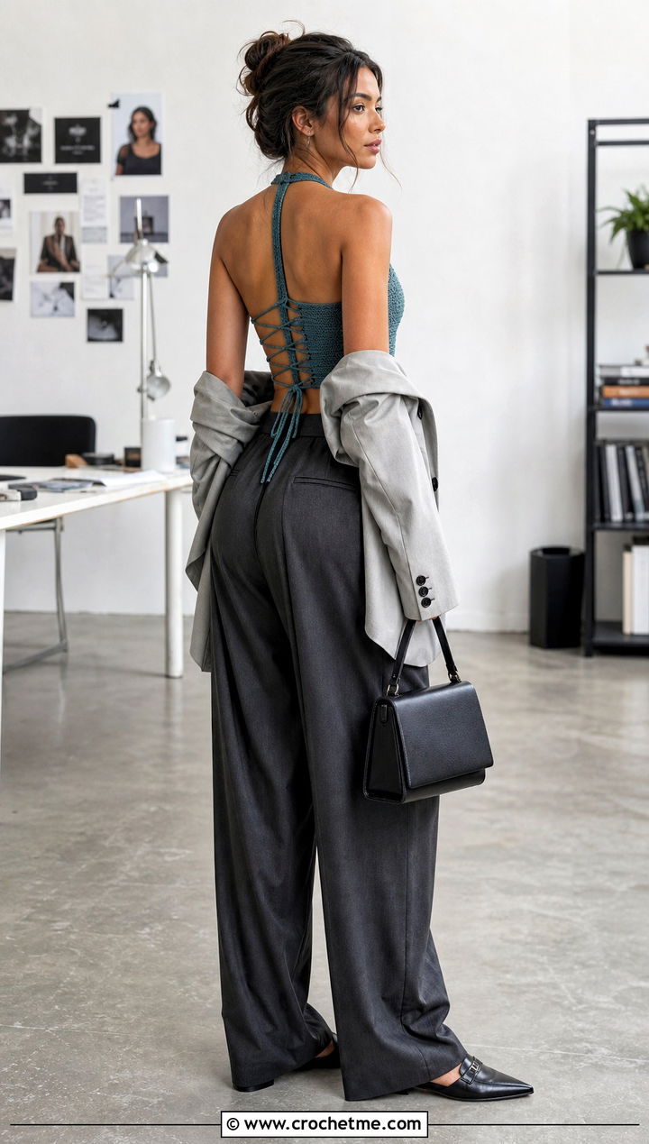 Lace Up Crochet Backless Tank Top With Tailored Trousers - 25 crochet backless tank top outfit ideas