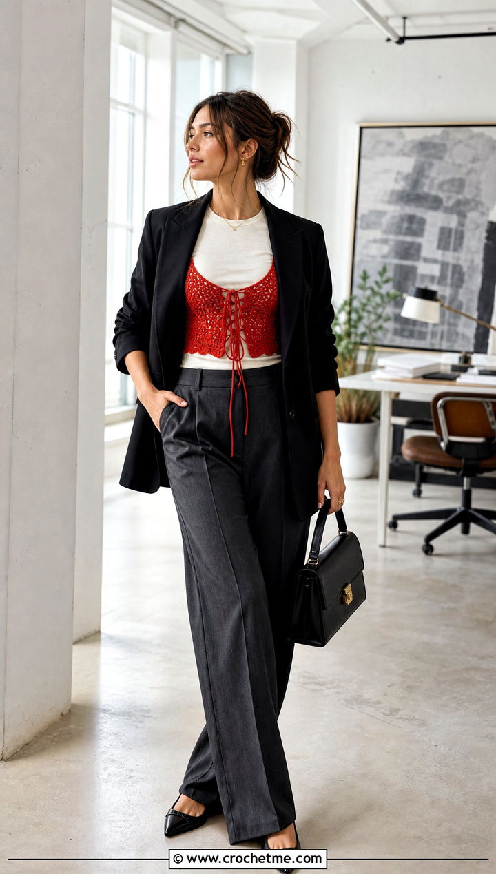 Lace Up Crochet Bustier With Tailored Trousers - 30 crochet bustier outfit ideas
