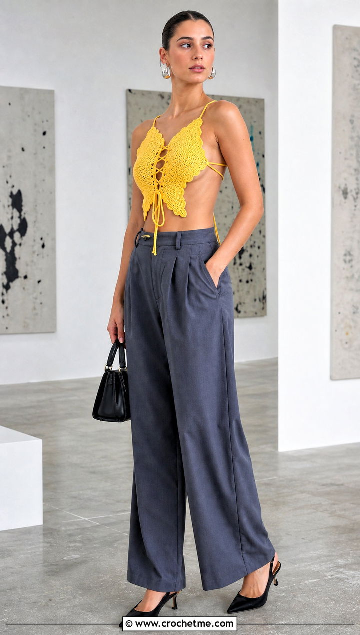 Lace Up Crochet Butterfly Crop Top With Tailored Trousers - 30 crochet butterfly crop top outfit ideas
