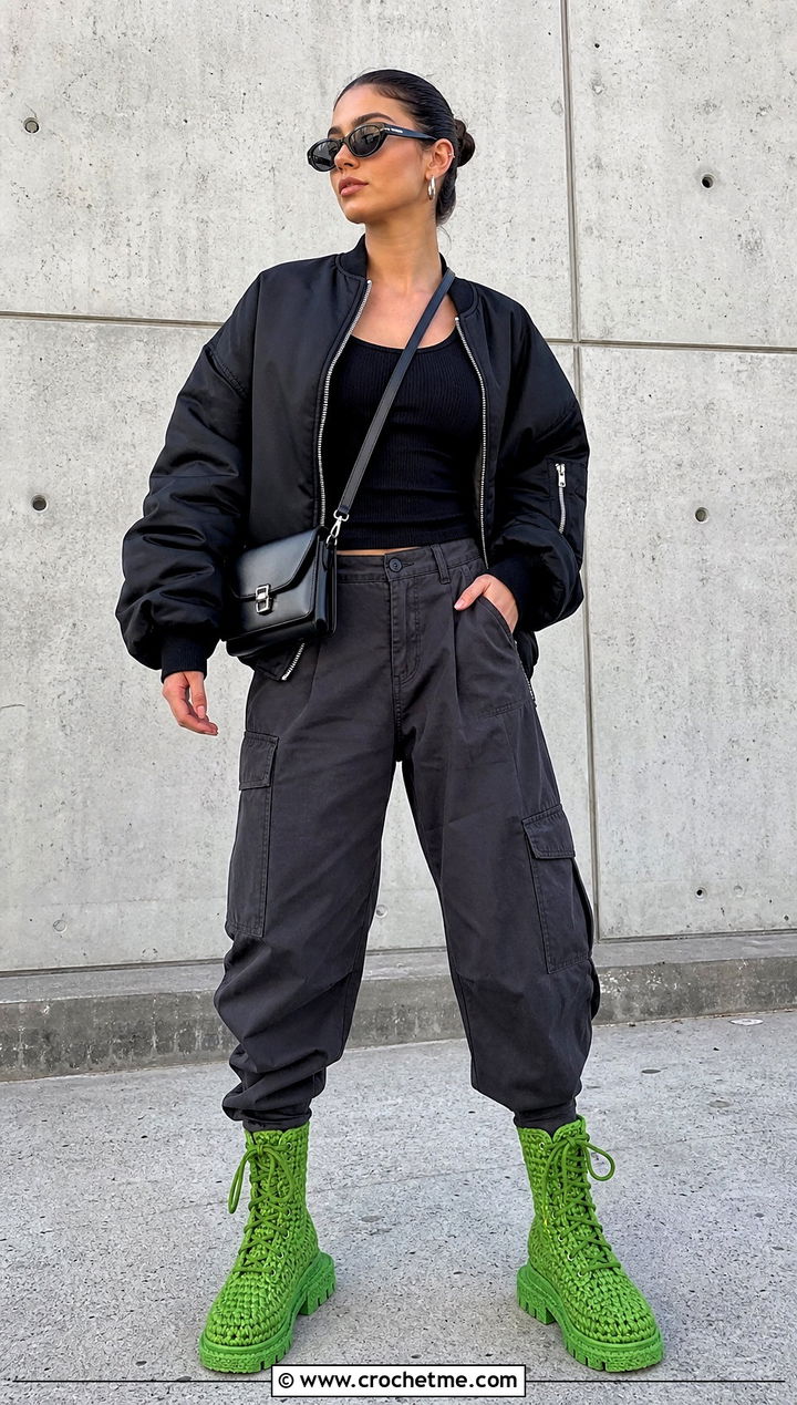 Lace Up Crochet Combat Boots With Cargo Pants - 25 crocheted boots outfit ideas