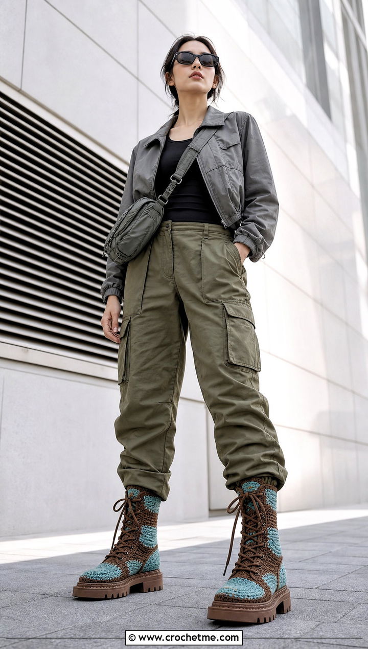 Lace Up Crochet Combat Boots With Cargo Pants - 15 Blue And Brown Crochet Boots outfit ideas
