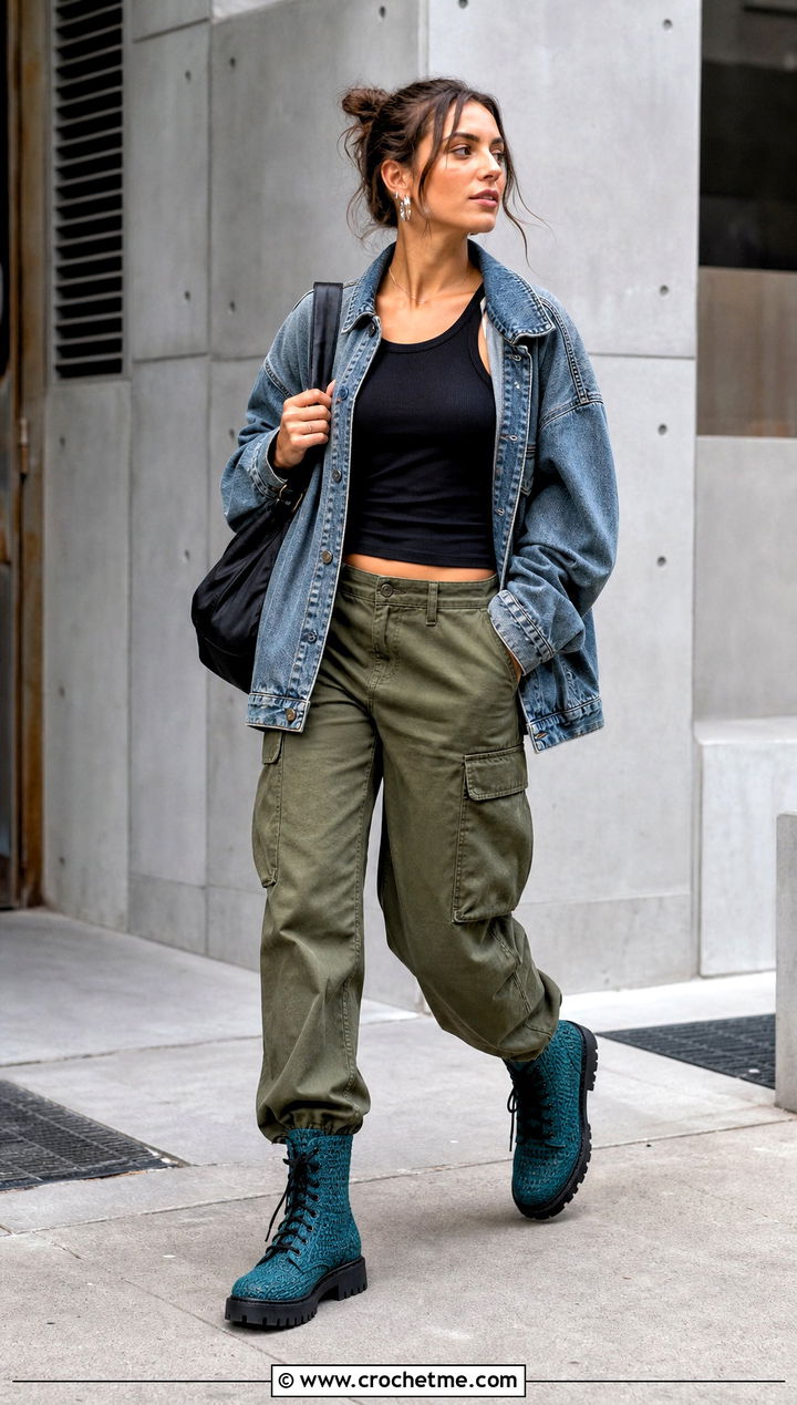 Lace Up Crochet Combat Boots With Cargo Pants - 15 Colorful Crochet Boot outfit ideas