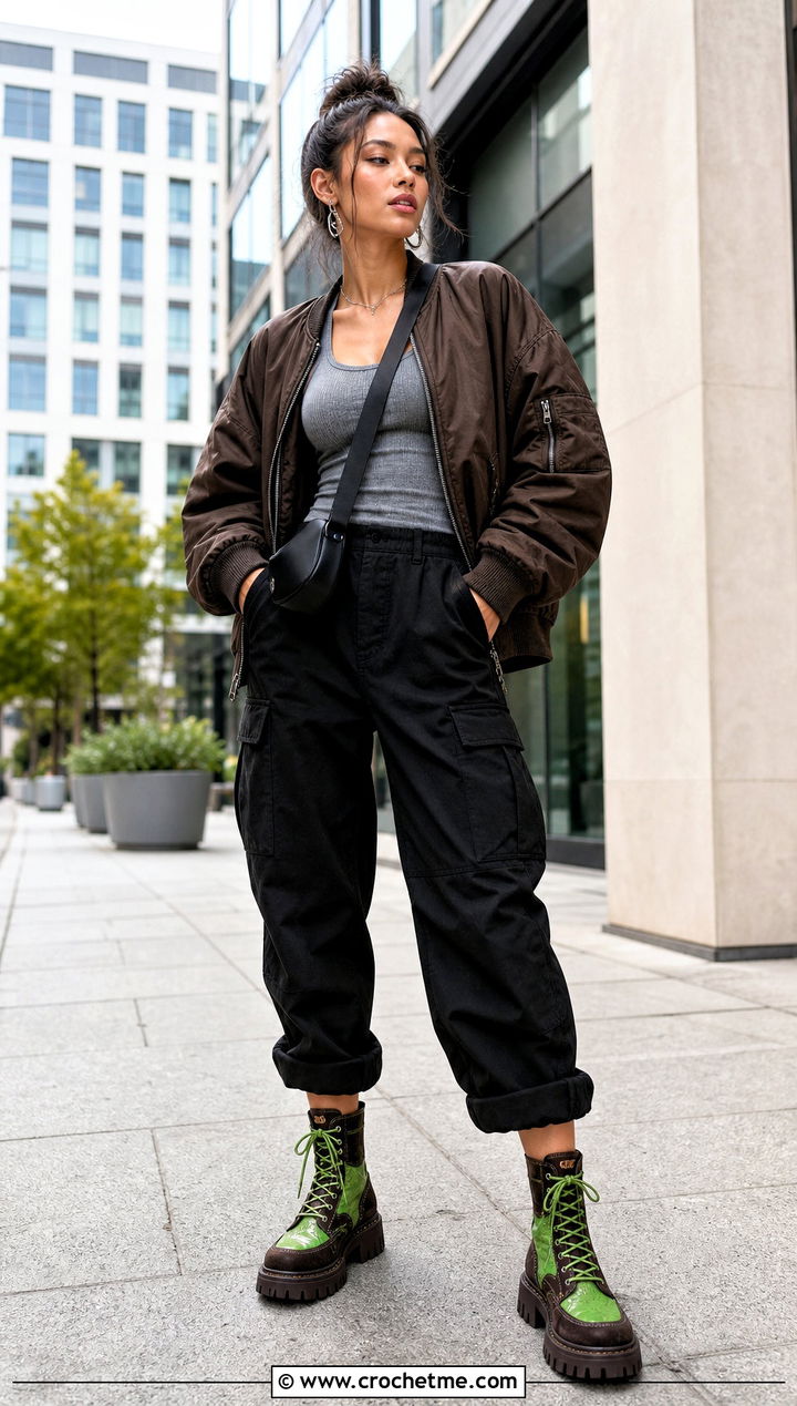Lace Up Crochet Combat Boots With Cargo Pants - 15 green and brown crochet boots outfit ideas