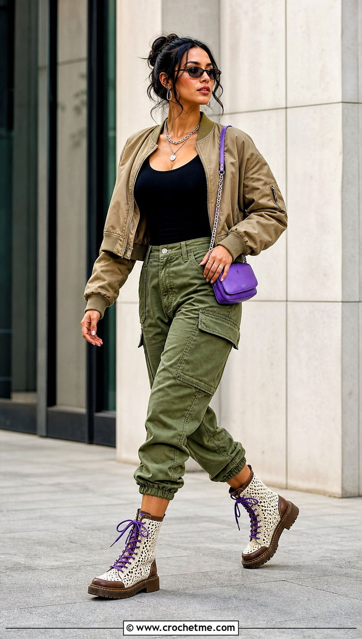 Lace Up Crochet Combat Boots With Cargo Pants - 15 white and brown crochet boots outfit ideas