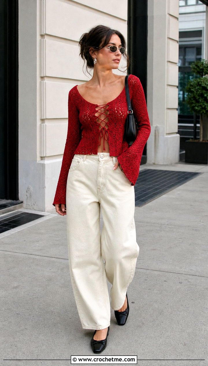 Lace Up Crochet Corset Top With Barrel Jeans - 25 crochet corset top with sleeves outfit ideas