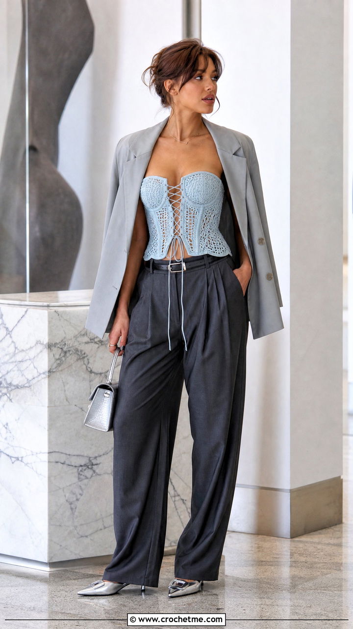 Lace Up Crochet Corset Top With Tailored Trousers - 35 crochet y2k top outfit ideas