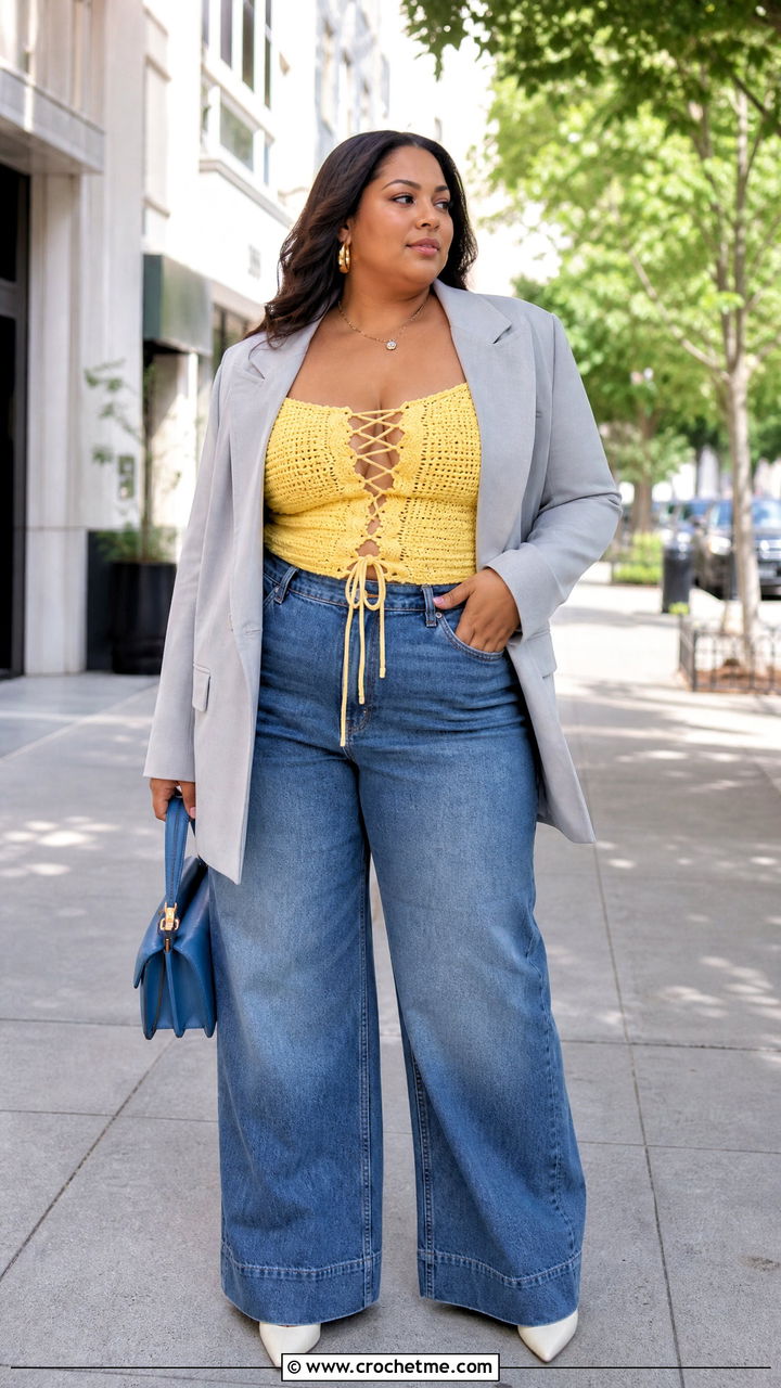 Lace Up Crochet Corset With Wide Leg Jeans - 35 crochet corset outfit ideas