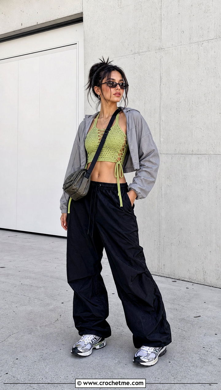 Lace Up Crochet Crop Top With Parachute Pants - 20 halloween crochet crop top outfit ideas