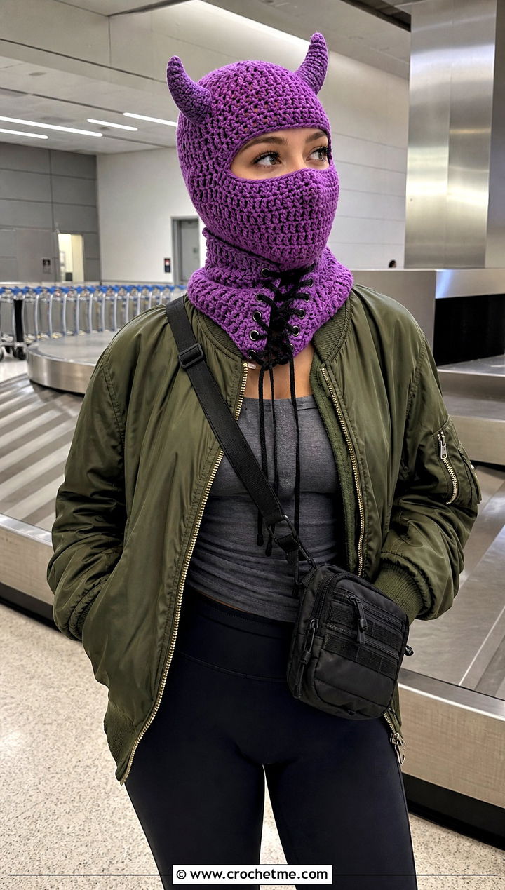Lace Up Crochet Devil Horn Balaclava With Bomber Jacket - 20 crochet devil horn balaclava outfit ideas