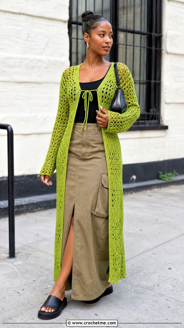 Lace Up Crochet Duster Cardigan With Cargo Maxi Skirt - 35 crochet duster cardigan outfit ideas