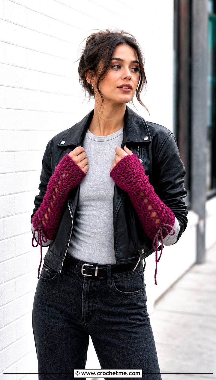 Lace Up Crochet Fingerless Arm Warmers With Leather Jacket And Straight Jeans - 15 Crochet Fingerless Arm Warmers outfit ideas
