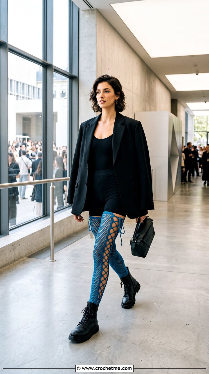 Lace Up Crochet Fishnet Stockings With Oversized Blazer - 35 crochet fishnet stockings outfit ideas