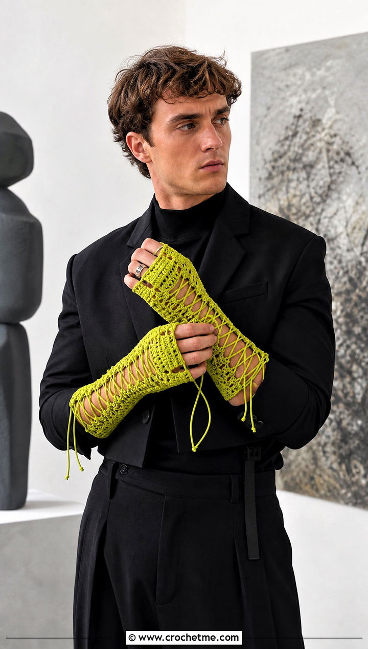 Lace Up Crochet Gauntlet Gloves With Evening Outfit - 25 men's crochet gloves outfit ideas