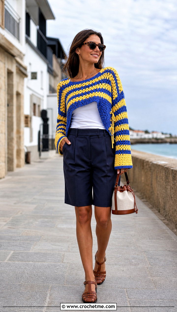 Lace Up Crochet Granny Stripe Sweater With Bermuda Shorts - 25 Crochet Granny Stripe Sweater outfit ideas