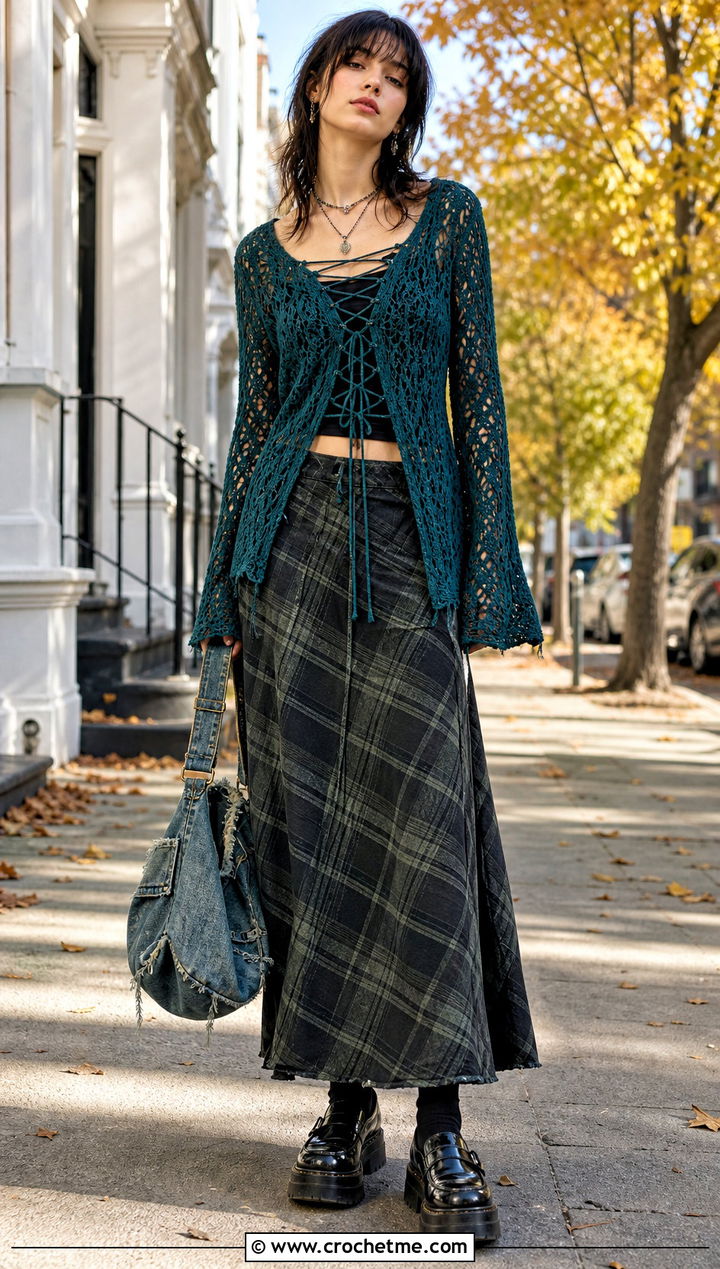 Lace Up Crochet Grunge Top With Plaid Maxi Skirt - 30 crochet grunge top outfit ideas