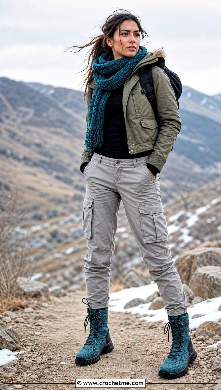 Lace Up Crochet Hiking Boots With Cargo Pants - 15 colorful crochet winter boots outfit ideas