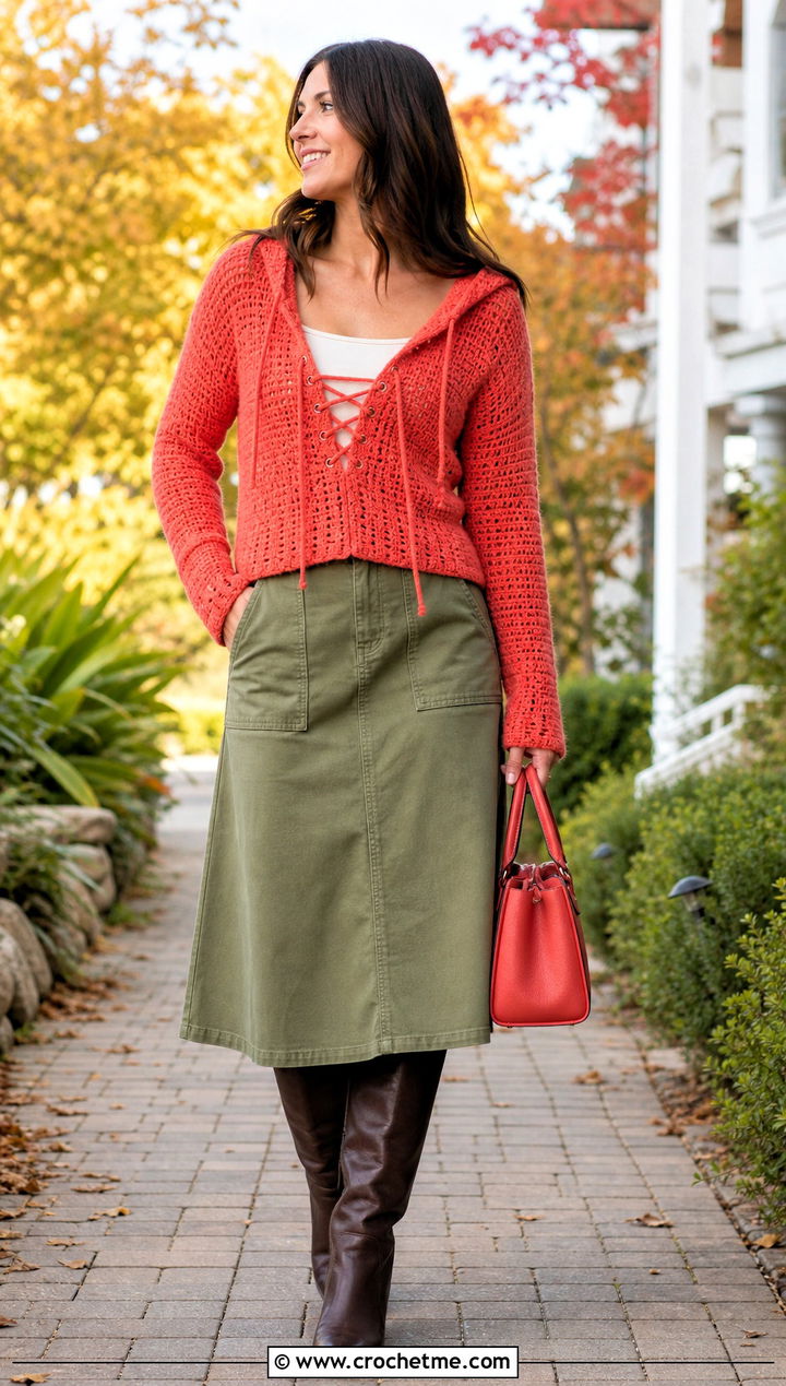 Lace Up Crochet Hooded Sweater With A Line Skirt - 30 crochet hooded sweater outfit ideas