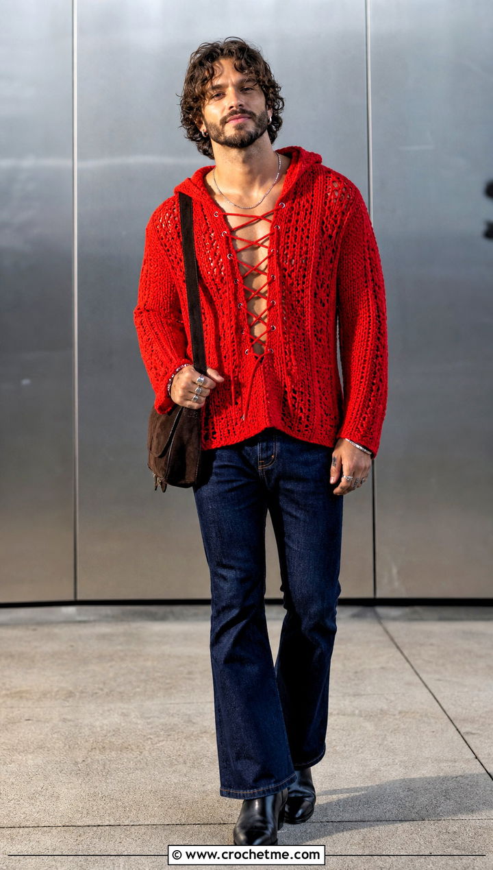 Lace Up Crochet Hoodie With Flared Jeans - 30 crochet mens hoodie outfit ideas
