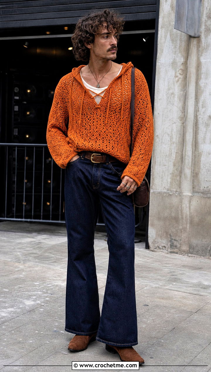 Lace Up Crochet Hoodie With Flared Jeans - 30 Crochet Hoodies For Men outfit ideas
