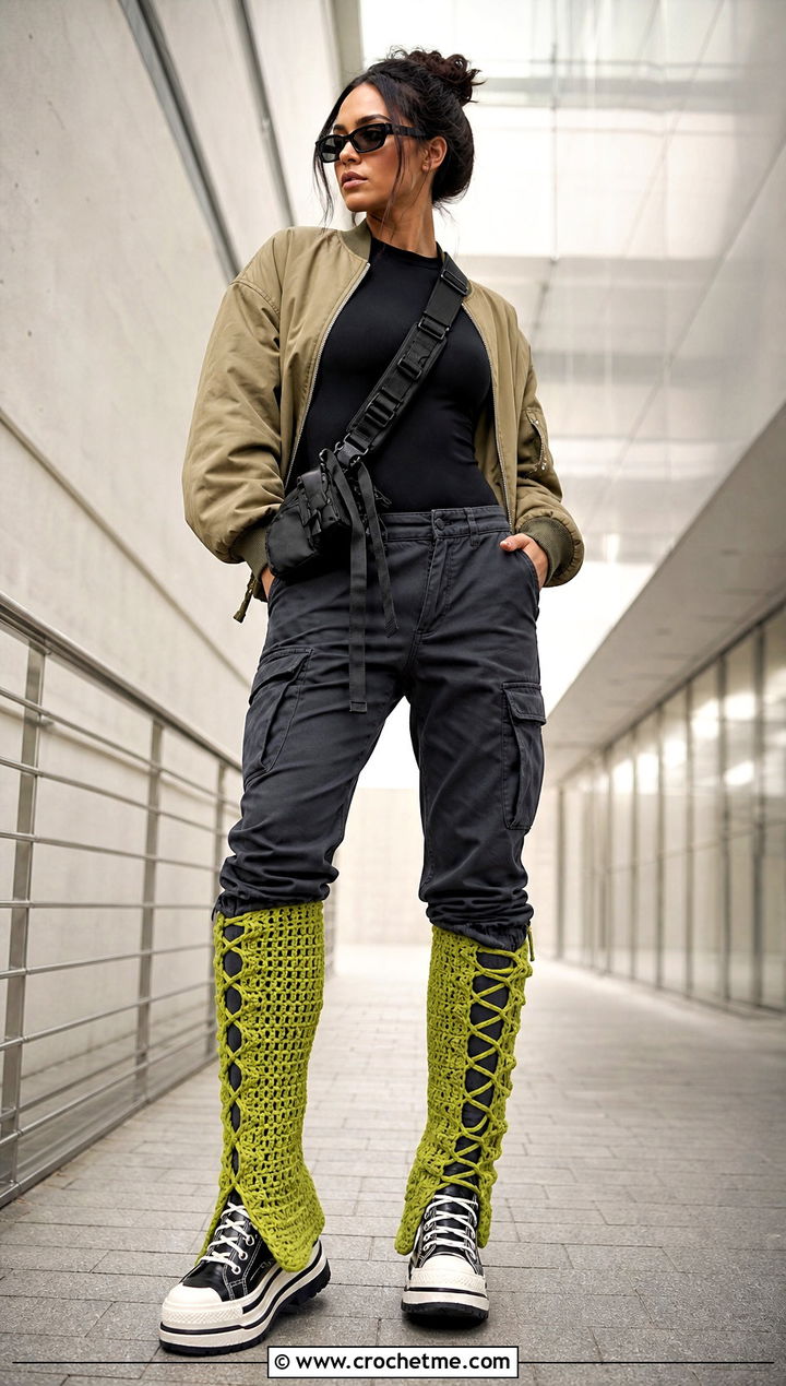 Lace Up Crochet Leg Warmers With Cargo Pants - 25 diy crochet leg warmers outfit ideas