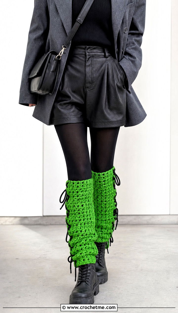 Lace Up Crochet Leg Warmers With Leather Shorts - 20 Chunky Yarn Crochet Leg Warmers outfit ideas