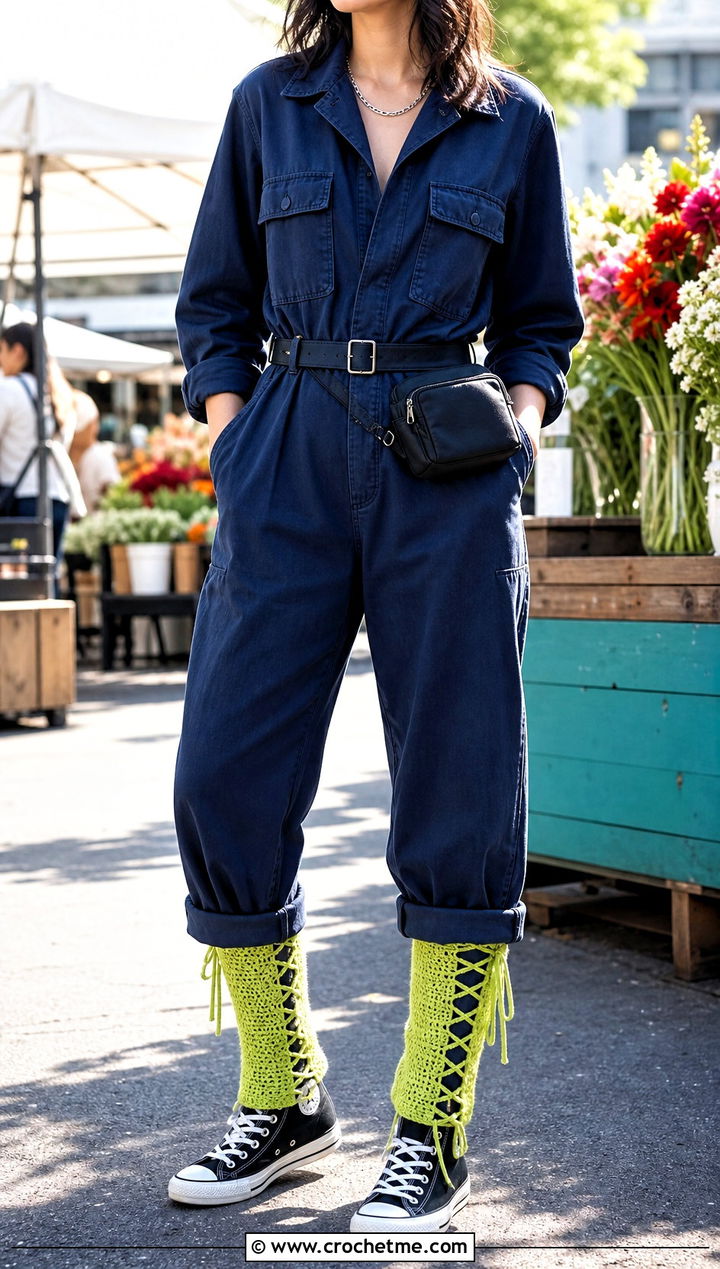 Lace Up Crochet Leg Warmers With Utility Jumpsuit - 15 Crochet Clothes Leg Warmers outfit ideas