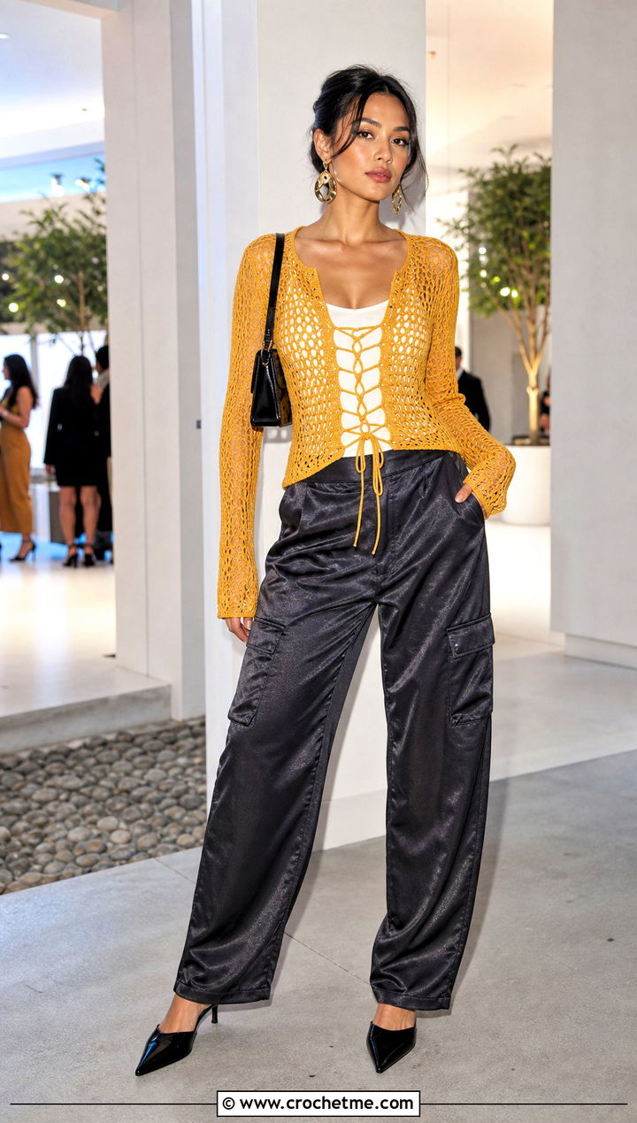 Lace Up Crochet Mesh Cardigan With Satin Cargo Pants - 35 crochet mesh cardigan outfit ideas