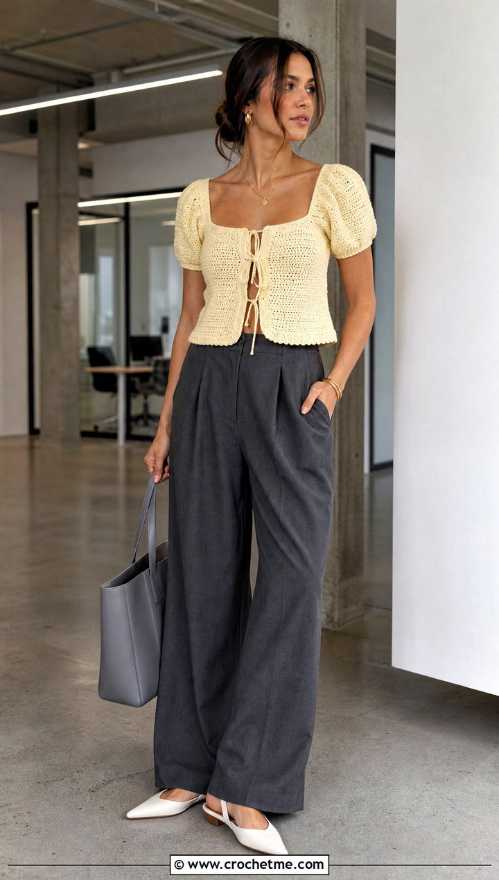 Lace Up Crochet Milkmaid Top With Tailored Trousers - 20 Crochet Milkmaid Top outfit ideas