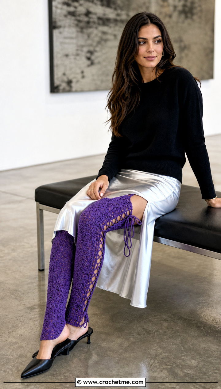 Lace Up Crochet Over The Knee Socks With Satin Skirt - 30 crochet long socks outfit ideas