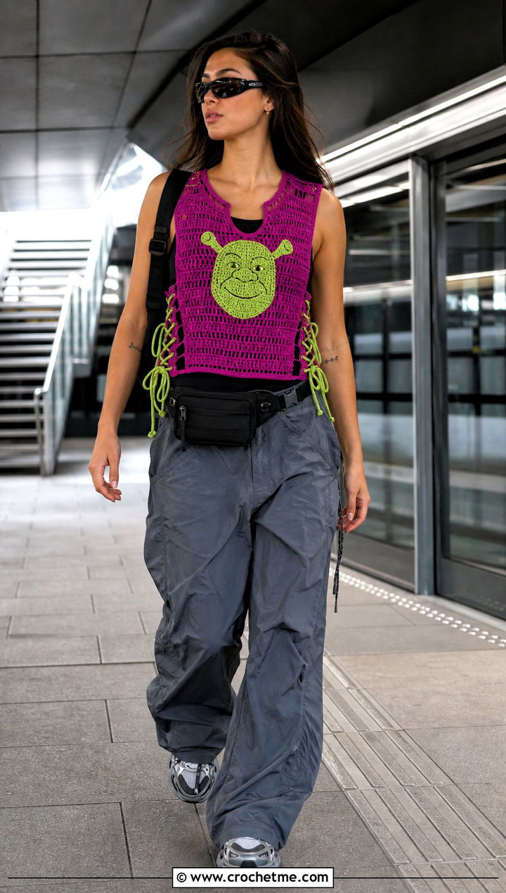 Lace Up Crochet Shrek Vest With Parachute Pants - 15 Crochet Shrek Vest outfit ideas