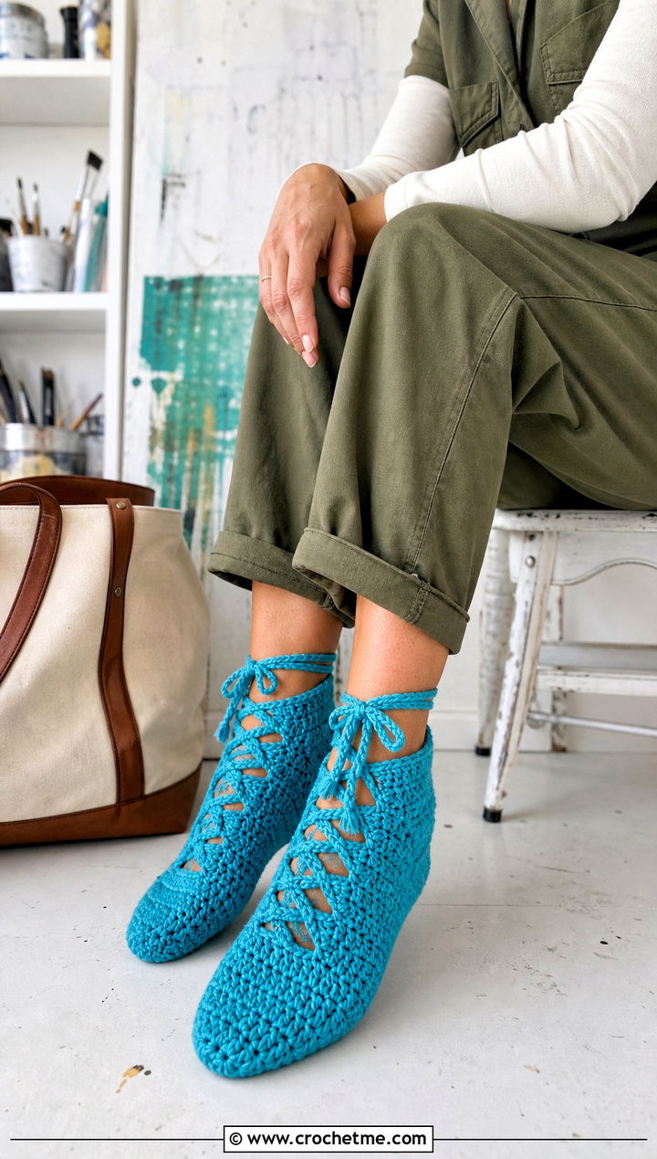 Lace Up Crochet Slipper Socks With Utility Jumpsuit - 25 Crochet Slipper Socks outfit ideas