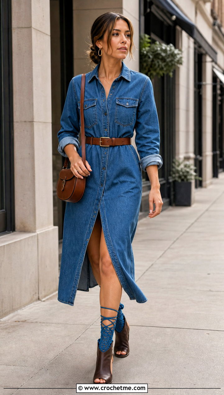 Lace Up Crochet Socks With Denim Dress - 35 crochet sock outfit ideas