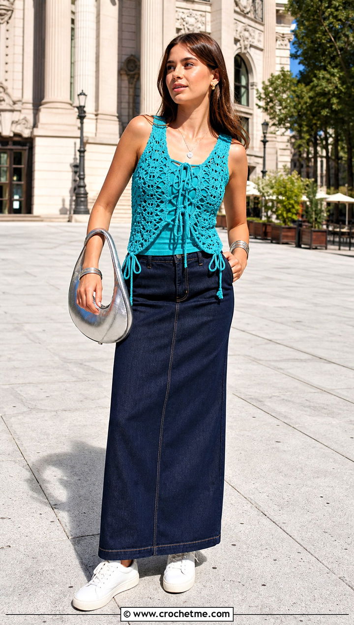 Lace Up Crochet Subversive Top With Denim Maxi Skirt - 15 Crochet Subversive Top outfit ideas