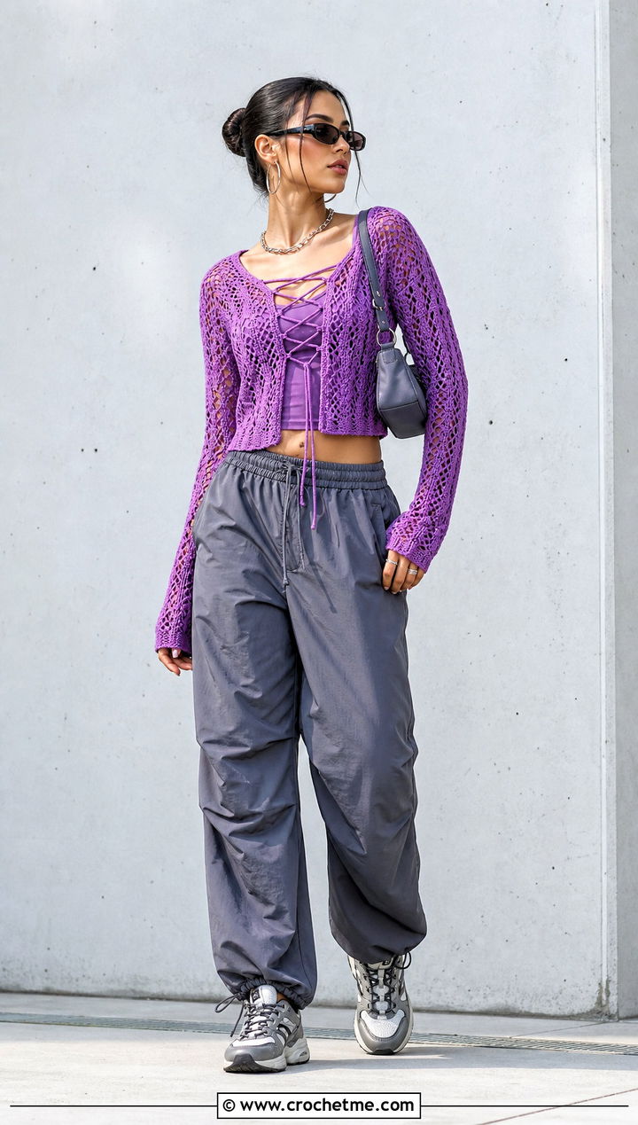 Lace Up Crochet Sweater Top With Parachute Pants - 35 Crochet Top Sweater outfit ideas