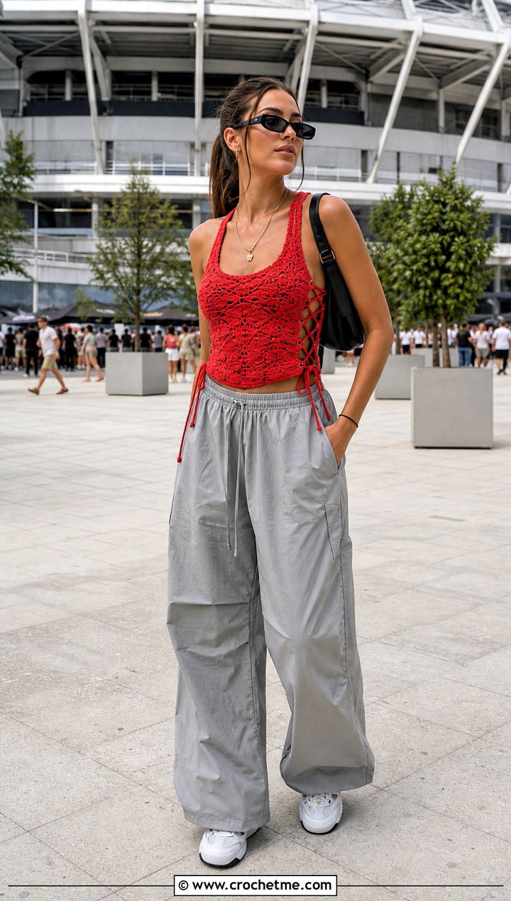 Lace Up Crochet Tank Top With Parachute Pants - 30 crochet lace tank top outfit ideas