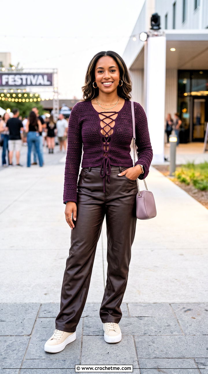 Lace Up Crochet Top With Leather Pants - 35 crochet festival top outfit ideas