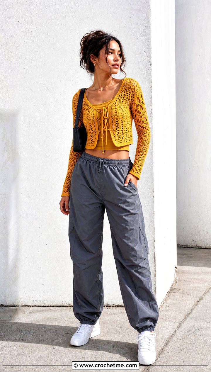 Lace Up Crochet Top With Parachute Pants - 35 crochet vintage top outfit ideas