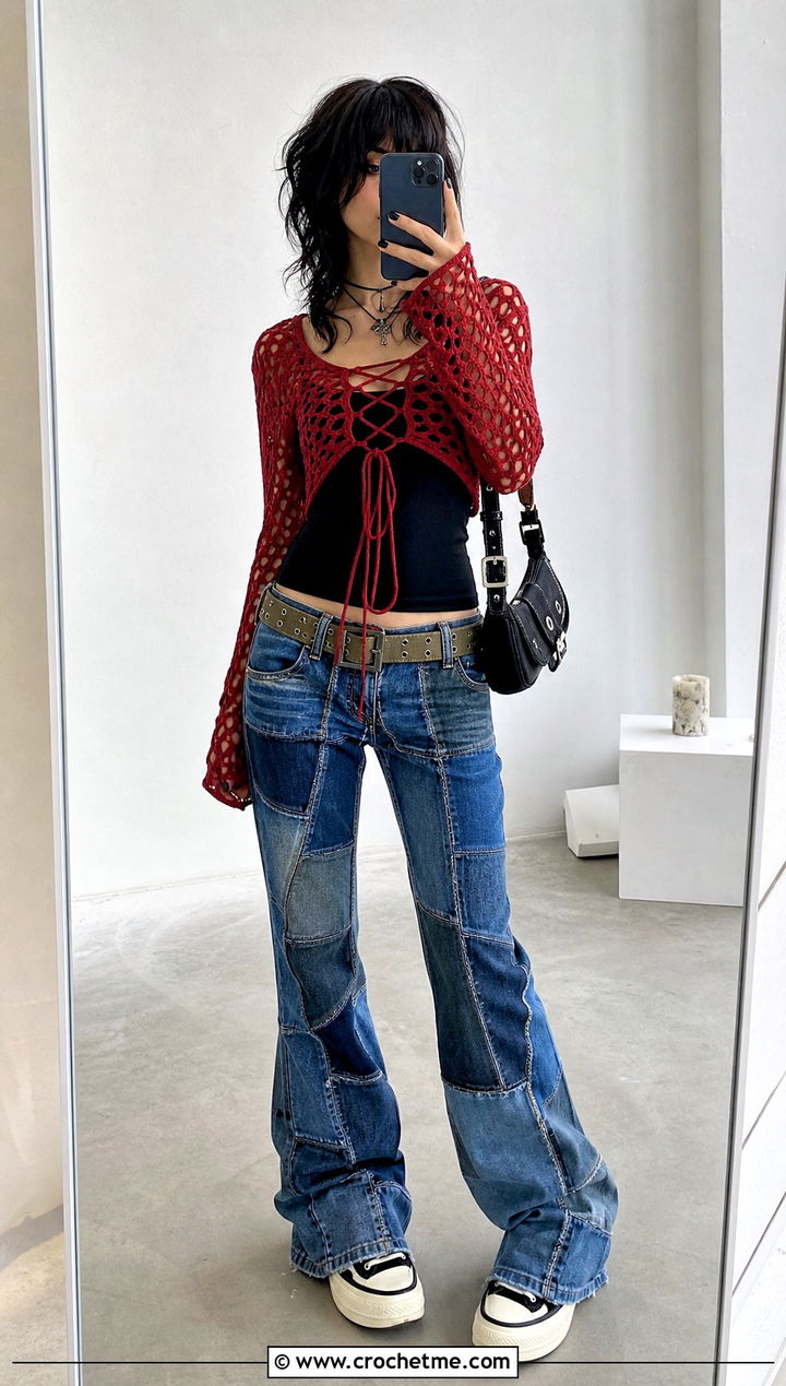 Lace Up Crochet Top With Patchwork Jeans - 25 emo crochet top outfit ideas
