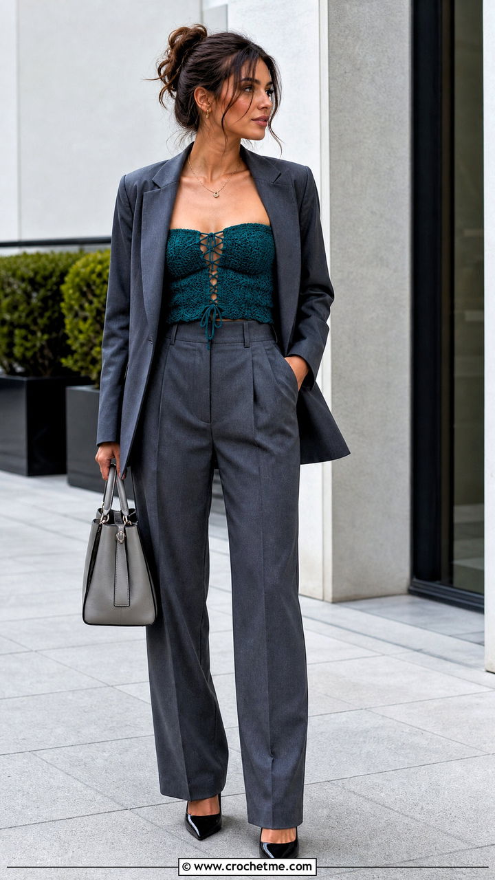 Lace Up Crochet Tube Top With Tailored Trousers - 35 crochet tube top outfit ideas