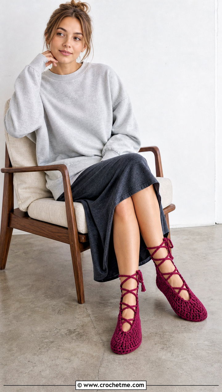 Lace Up Crocheted Slipper Socks With Midi Skirt And Sweatshirt - 15 Crocheted Slipper Socks outfit ideas