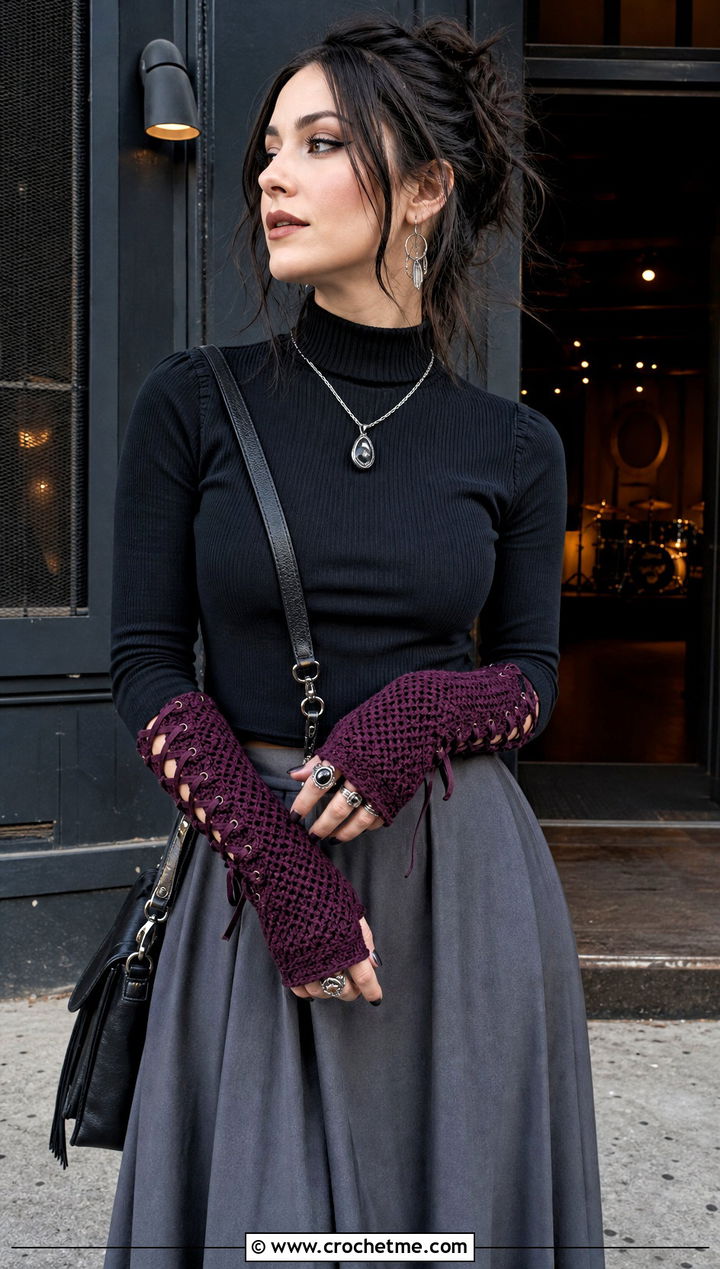 Lace Up Cuff Half Finger Gloves With Maxi Skirt - 30 crochet half finger gloves outfit ideas
