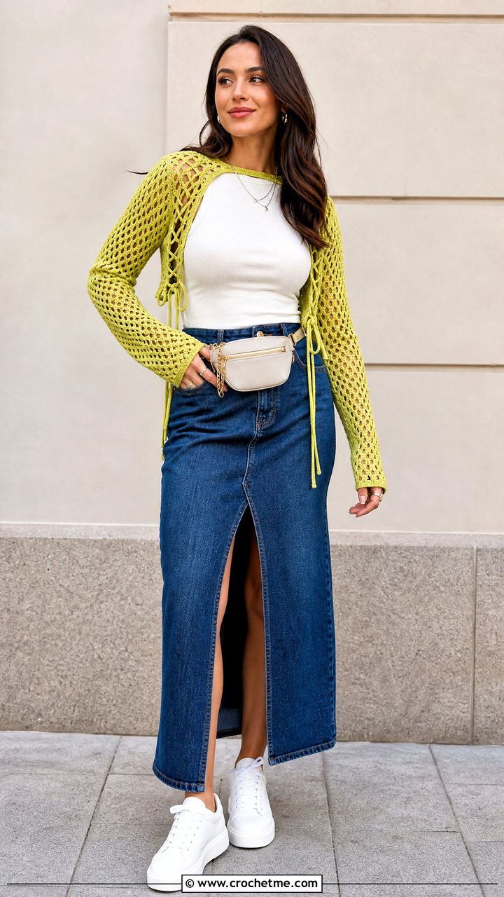 Lace Up Fishnet Shrug With Denim Midi Skirt And Sneakers - 35 crochet fishnet shrug outfit ideas
