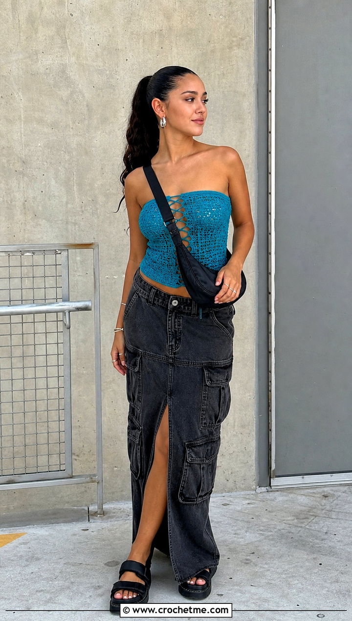 Lace Up Hollister Crochet Tube Top With Cargo Maxi Skirt - 30 Hollister Crochet Tube Top outfit ideas