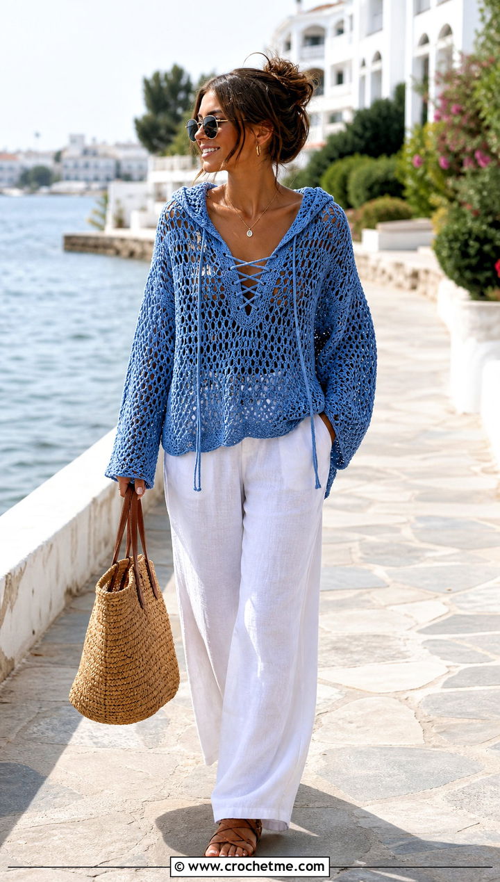 Lace Up Hooded Crochet Sweater With Linen Pants - 25 Hooded Crochet Sweater outfit ideas