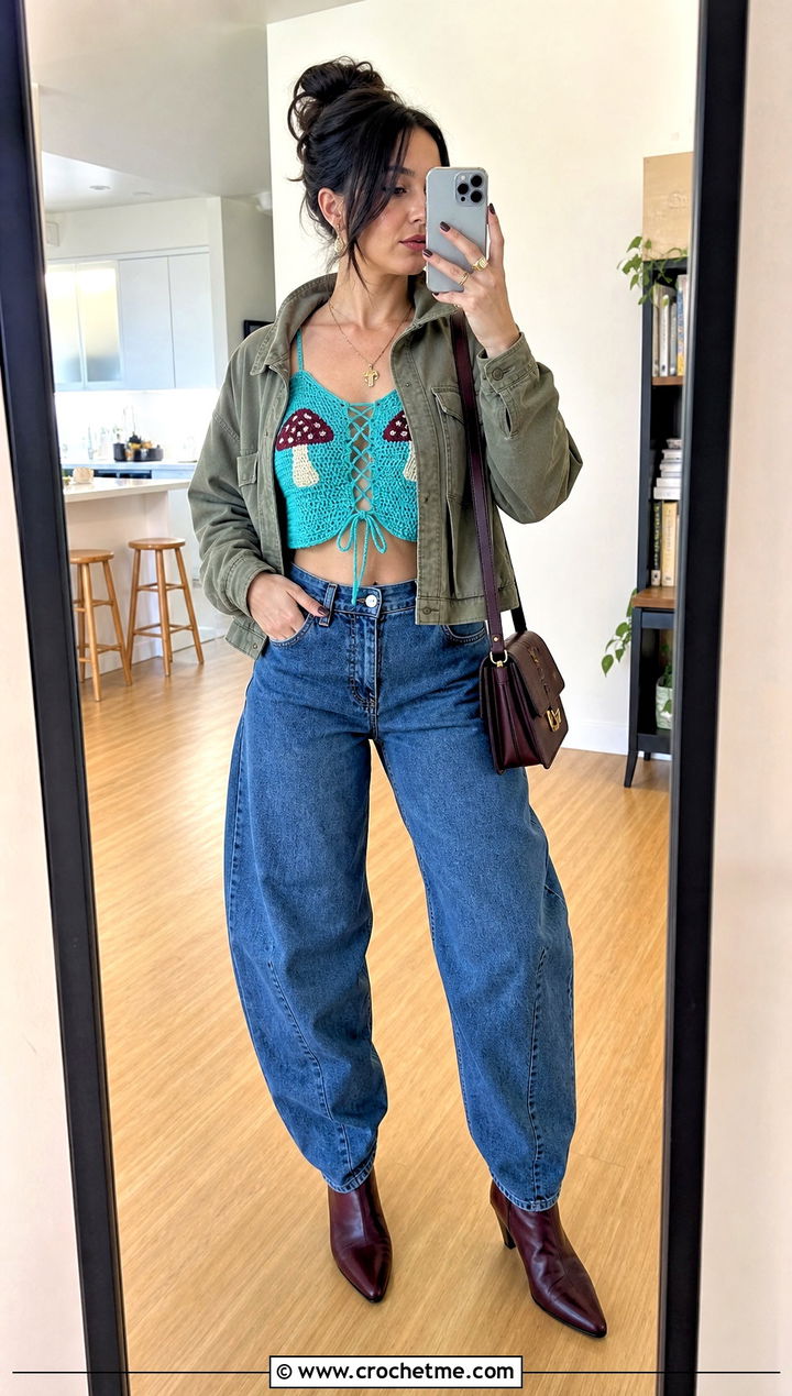 Lace Up Mushroom Crochet Crop Top With Barrel Jeans - 15 Crochet Mushroom Crop Top outfit ideas