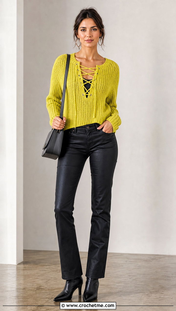 Lace Up Neck Crochet Ribbed Sweater With Coated Jeans - 35 crochet ribbed sweater outfit ideas