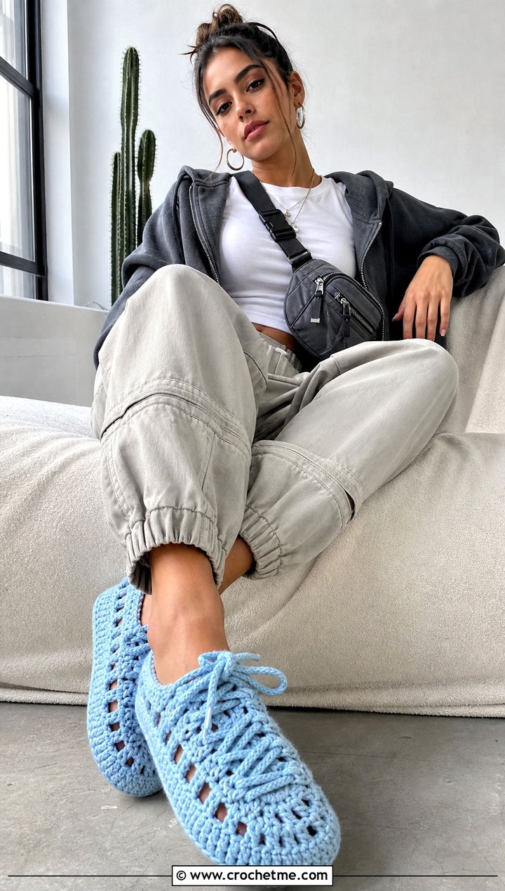 Lace Up Rectangle Crochet Slippers With Cargo Joggers - 20 Easy Crochet Slippers From A Rectangle outfit ideas