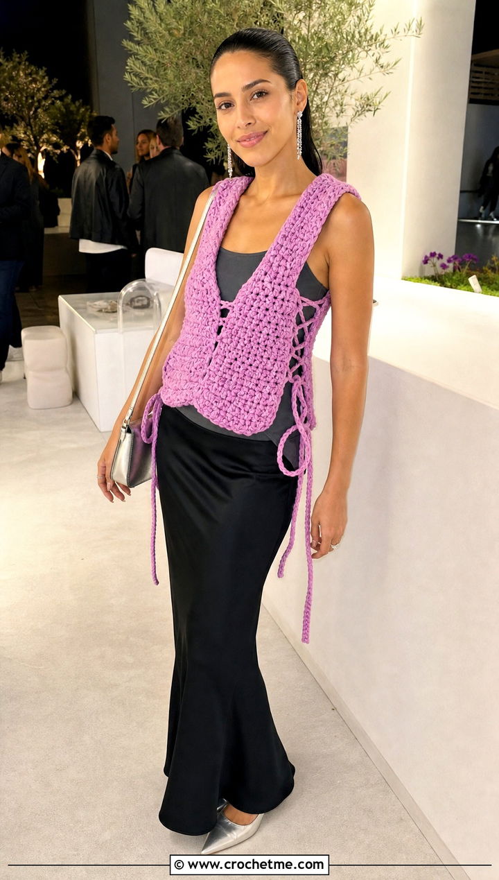 Lace Up Side Chunky Crochet Vest With Maxi Skirt - 20 Chunky Yarn Crochet Vest outfit ideas